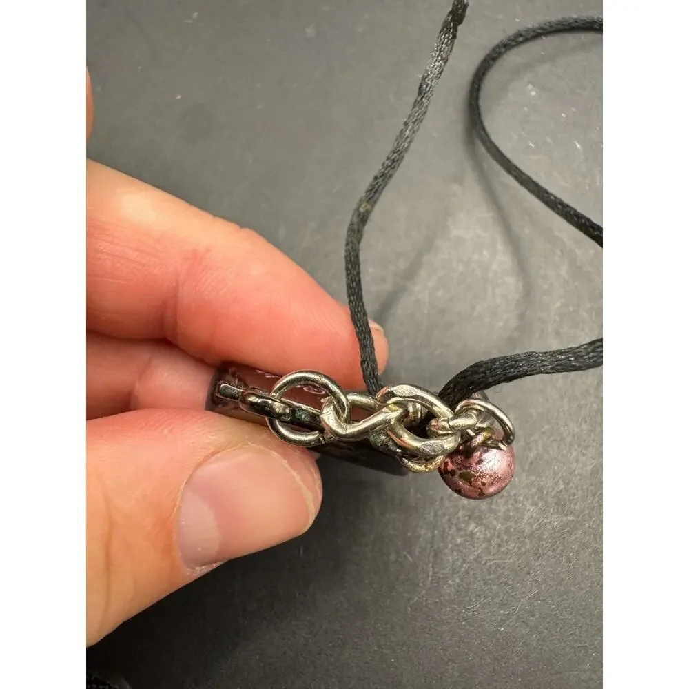 Vintage Silver Tone First Lady Purse Crystal Accent Pendant Necklace Black Cord